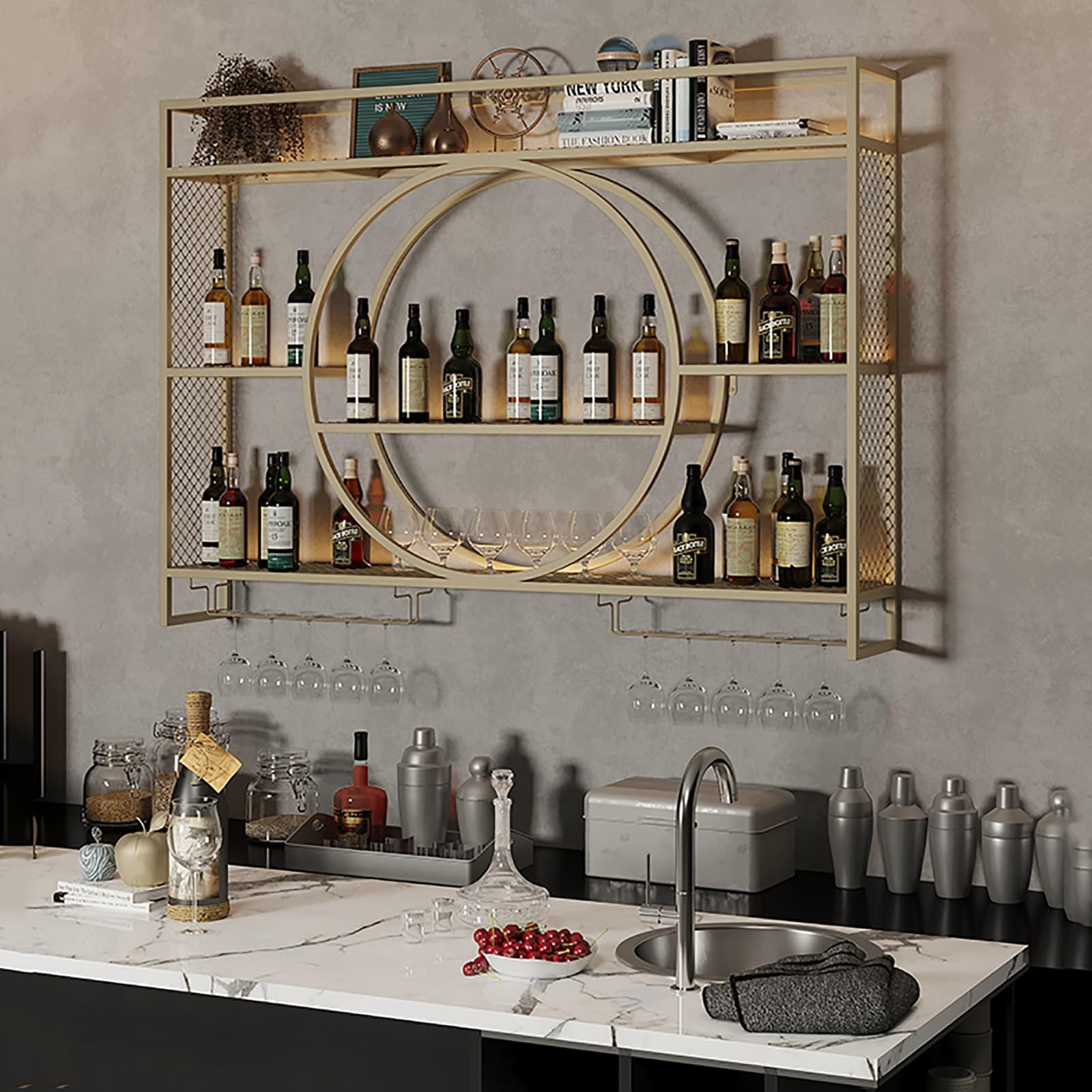 Botellero De Hierro De Estilo Industrial,Estante De Vino Montado En La Pared para Botellas,Enfriador De Vino Montado,Botellero De Almacenamiento Multifuncional,Soporte para Copas De Vino (Size