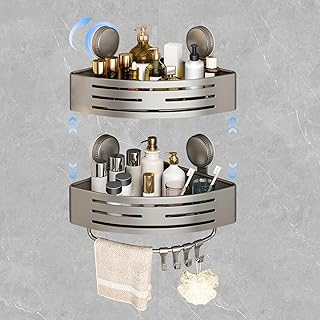 New Adjustable Shower Caddy Corner,Shower Organizer Suction with Hooks and Towel Bar,Suction Cup Shower Caddy,No Drilling Rust Proof Aluminum Shower Shelf for Inside Shower & Kitchen(2-Pack,Gray)