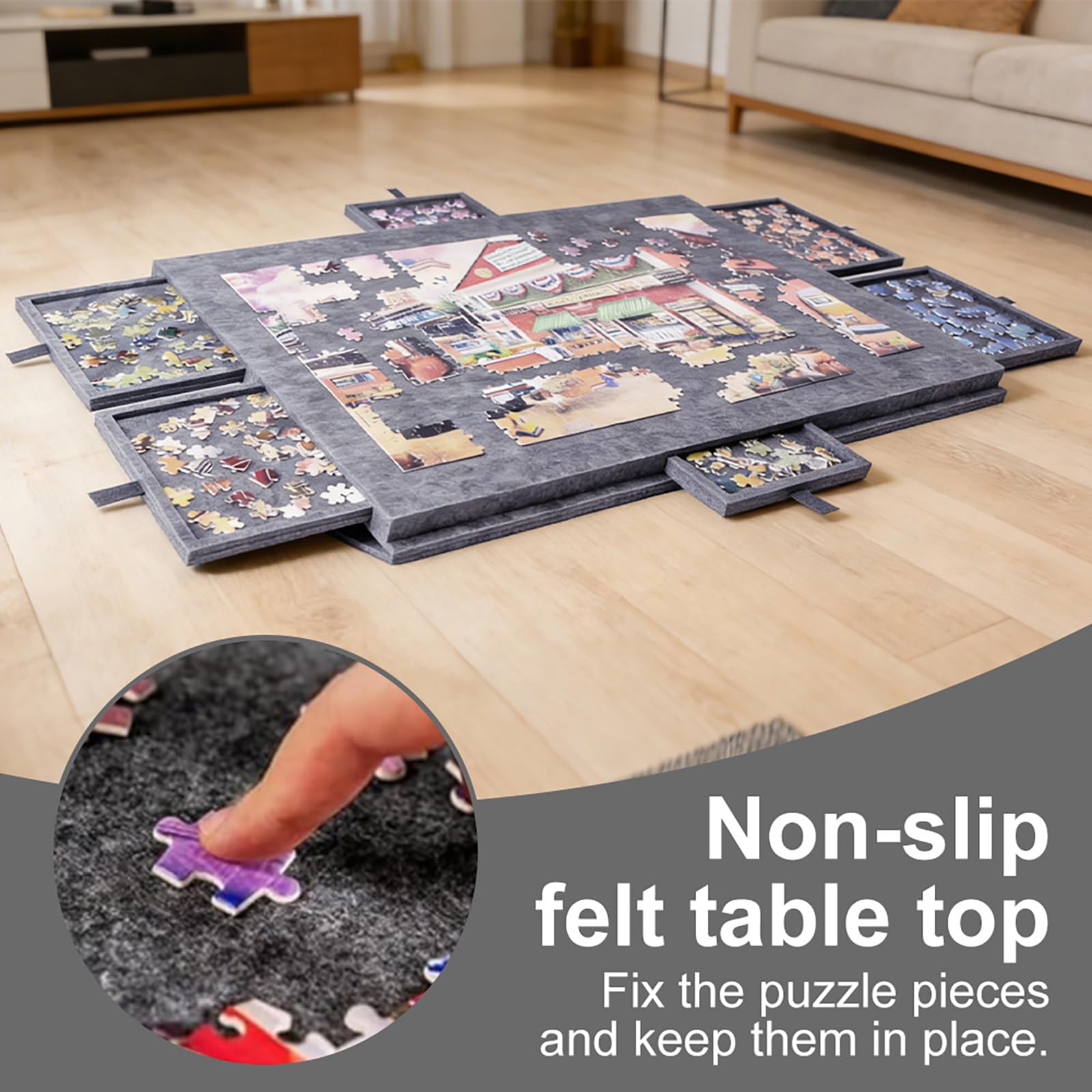 Przechylany stół do puzzli, 1000 elementów – deska do puzzli z 6 szufladami i powierzchnią filcową, przenośna deska do puzzli ze stojakiem 2 w 1, idealna do domu i podróży, 52 x 77 cm, szary