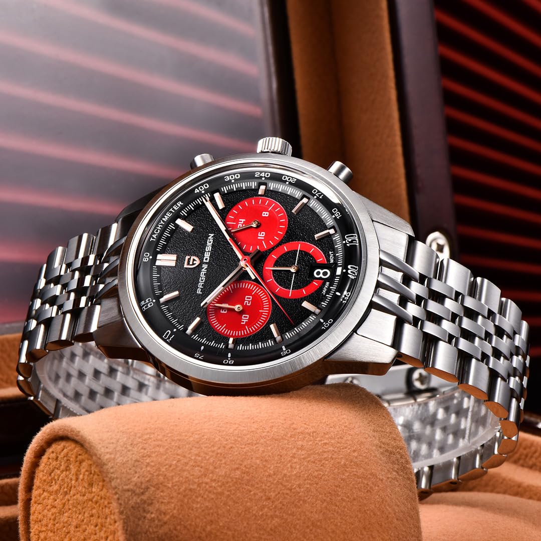 Pagani Design 1827 - Orologio cronografo da uomo, al quarzo, movimento giapponese VK63, cassa in acciaio inox, impermeabile fino a 100 m, quadrante luminoso, datario, sportivo, casual