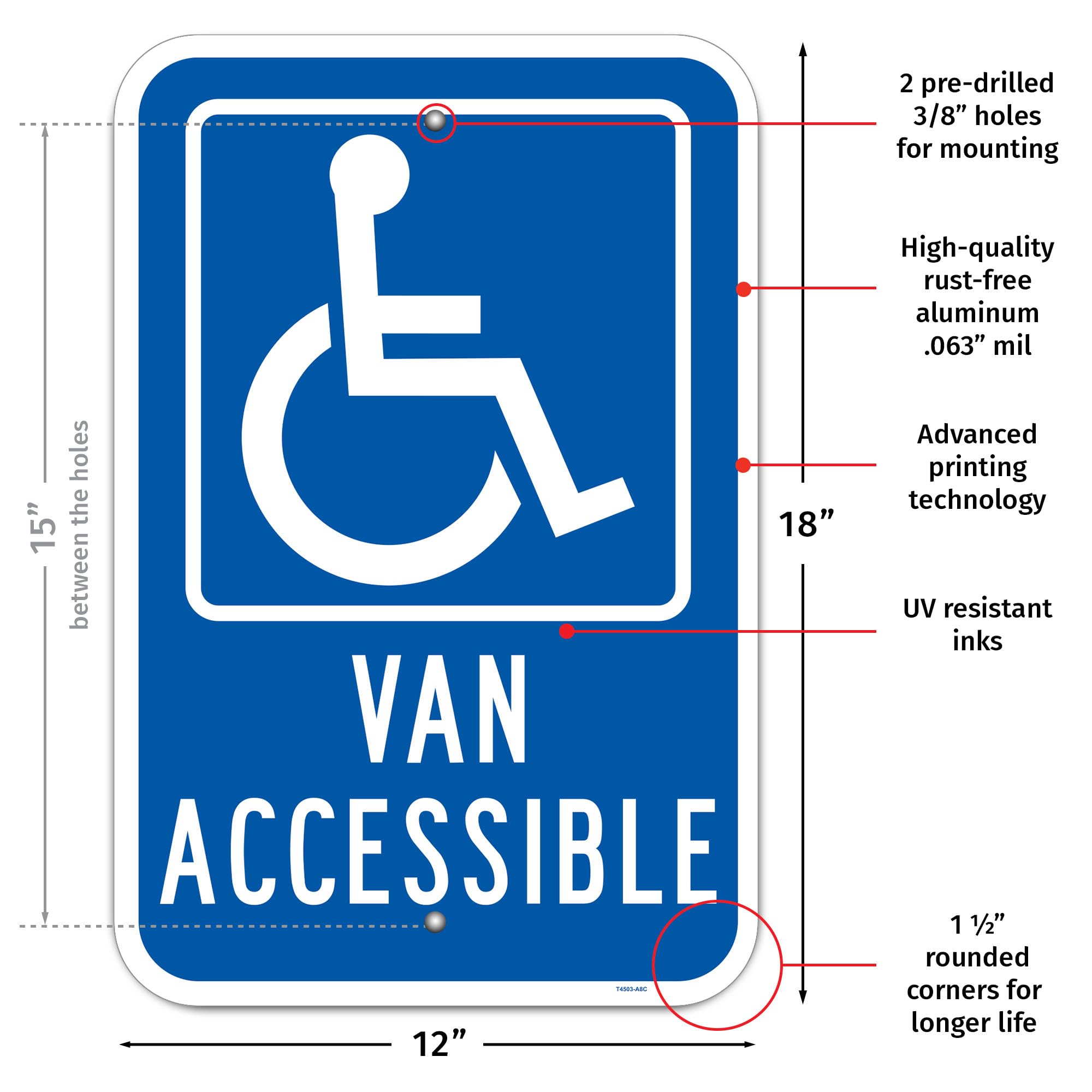 Brimar - Señal de aparcamiento accesible para furgoneta de 12 x 18 pulgadas - Aluminio blanco inoxidable - Texto y símbolo llamativos - Fácil instalación