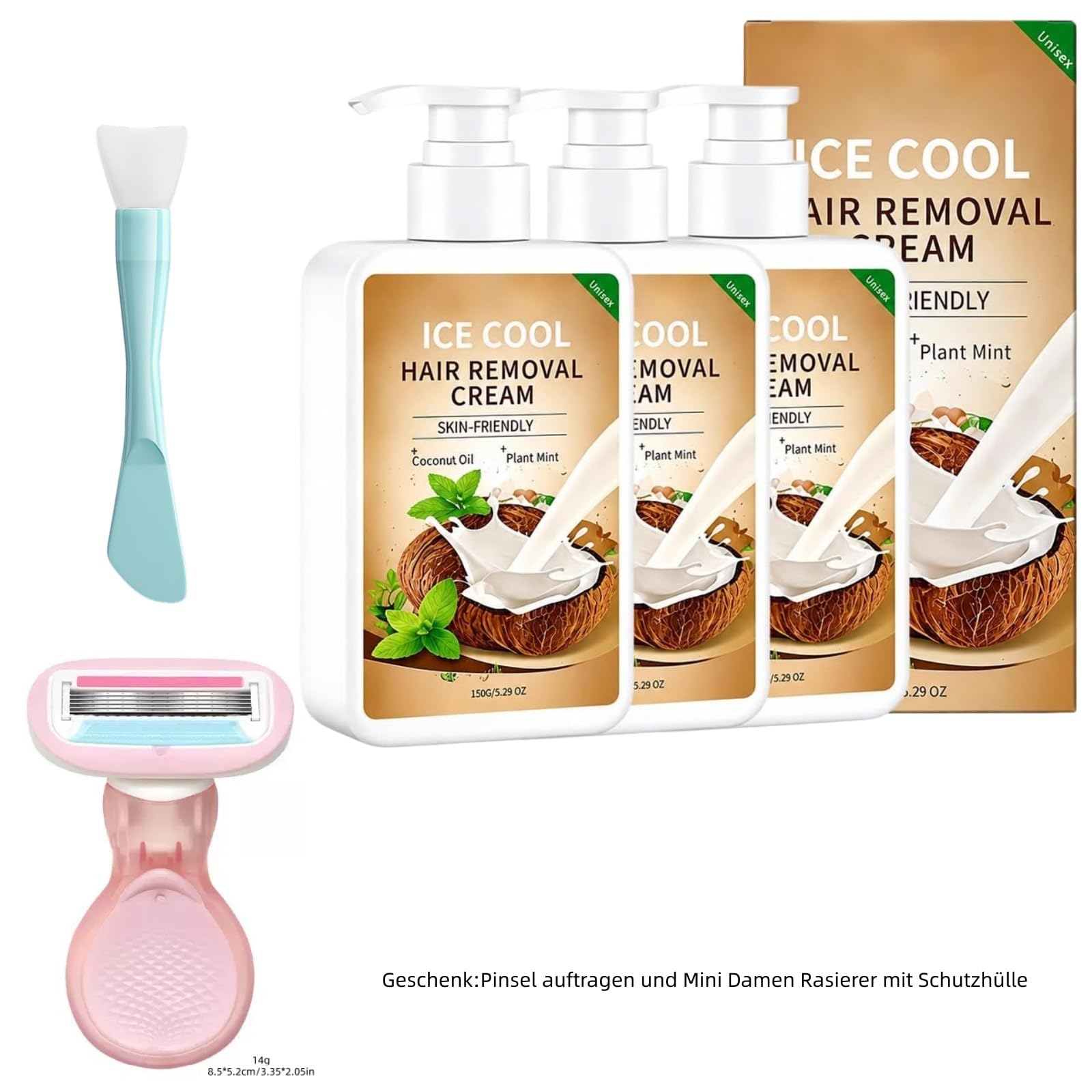 Enthaarungscreme Körper 150g,Sanfte Haarentfernungscreme mit Kokosöl,Schmerzfreie Haarentfernung Ohne Stoppeln,Haarentfernungscreme für Damen und Herren (3 Pcs)