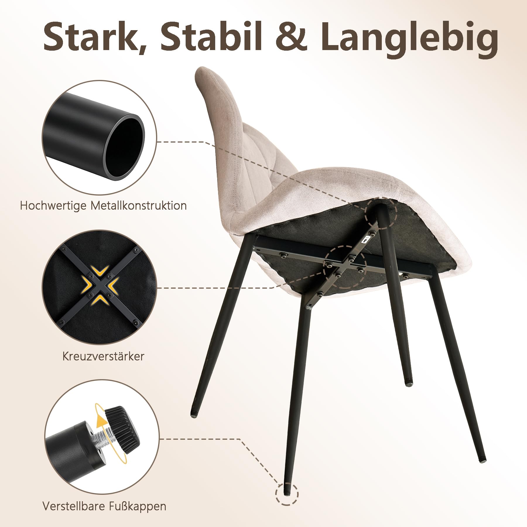 GrandCA HOME 6er-Set Esszimmerstühle, nordische Küchenstühle mit Griffen, für Esszimmer, Wohnzimmer, Metallbeine und Polsterung mit Rautenmuster (Beige)
