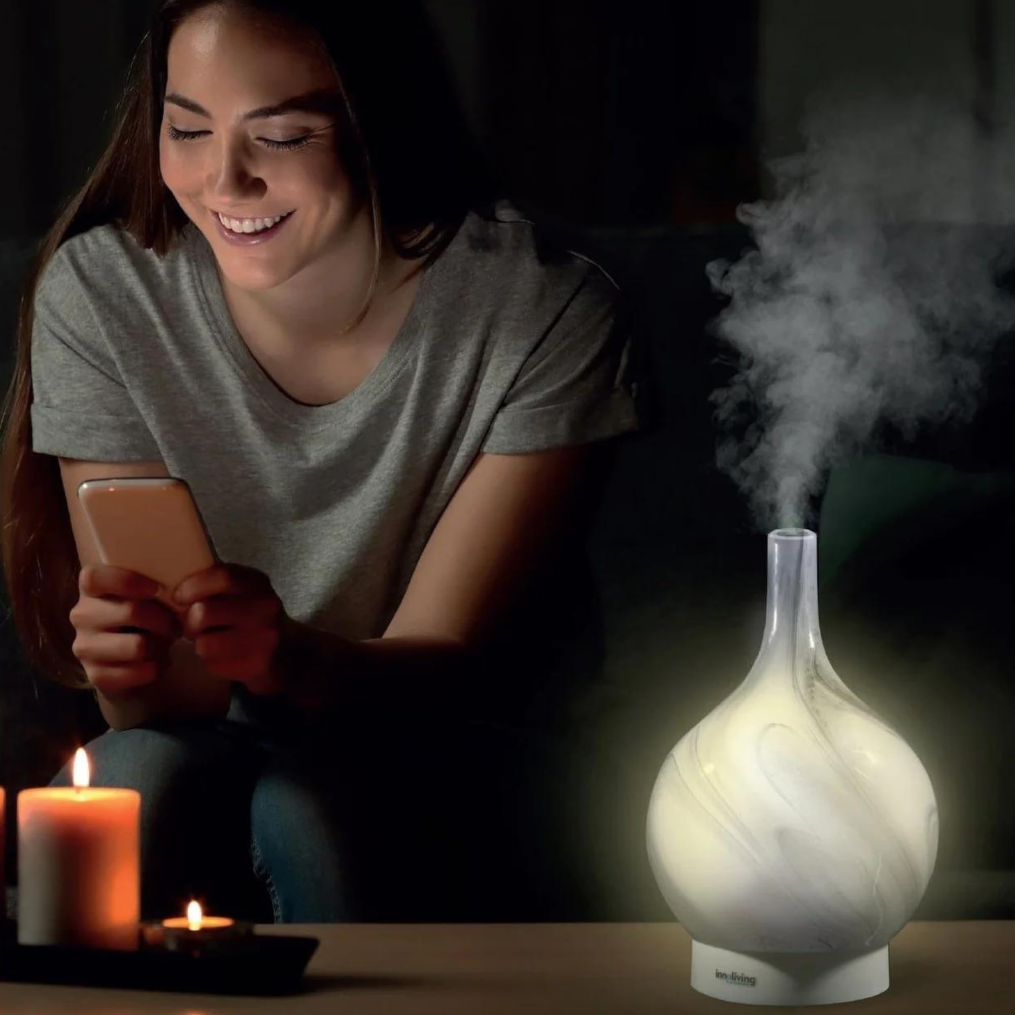 Innoliving INN-773G Diffusore d'Aroma ad Ultrasuoni in Vetro, Capacità 150ml, Copertura in Vetro Effetto Marmo Resistente, Timer 3 Ore, Modalità Luce, Alimentazione USB
