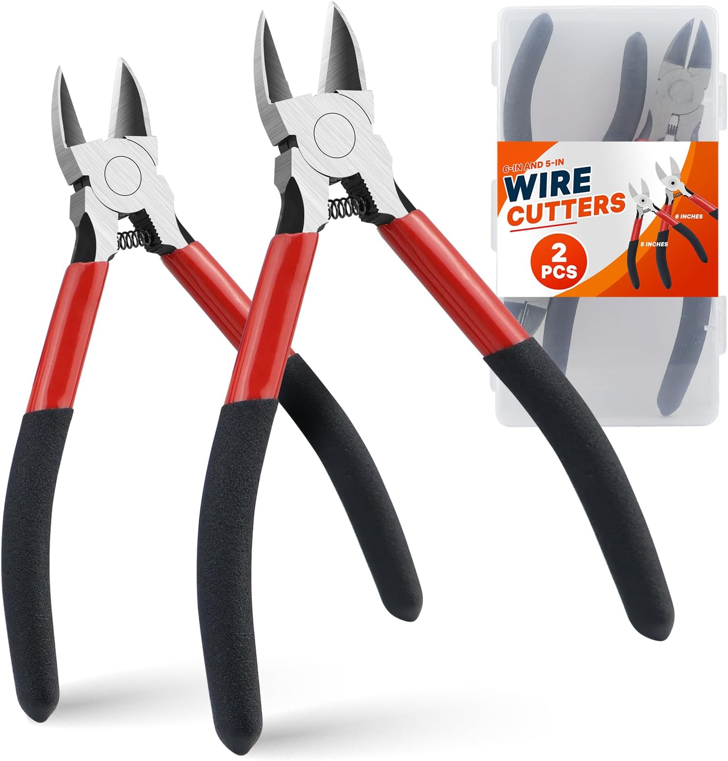 2PCS Heavy Duty Wire Cutters Set, 5 inch & 6 inch Electrical Diagonal Cutting Pliers, High Carbon Steel, Anti-Slip Handle, for Crafting, Jewelry Making, Electricians