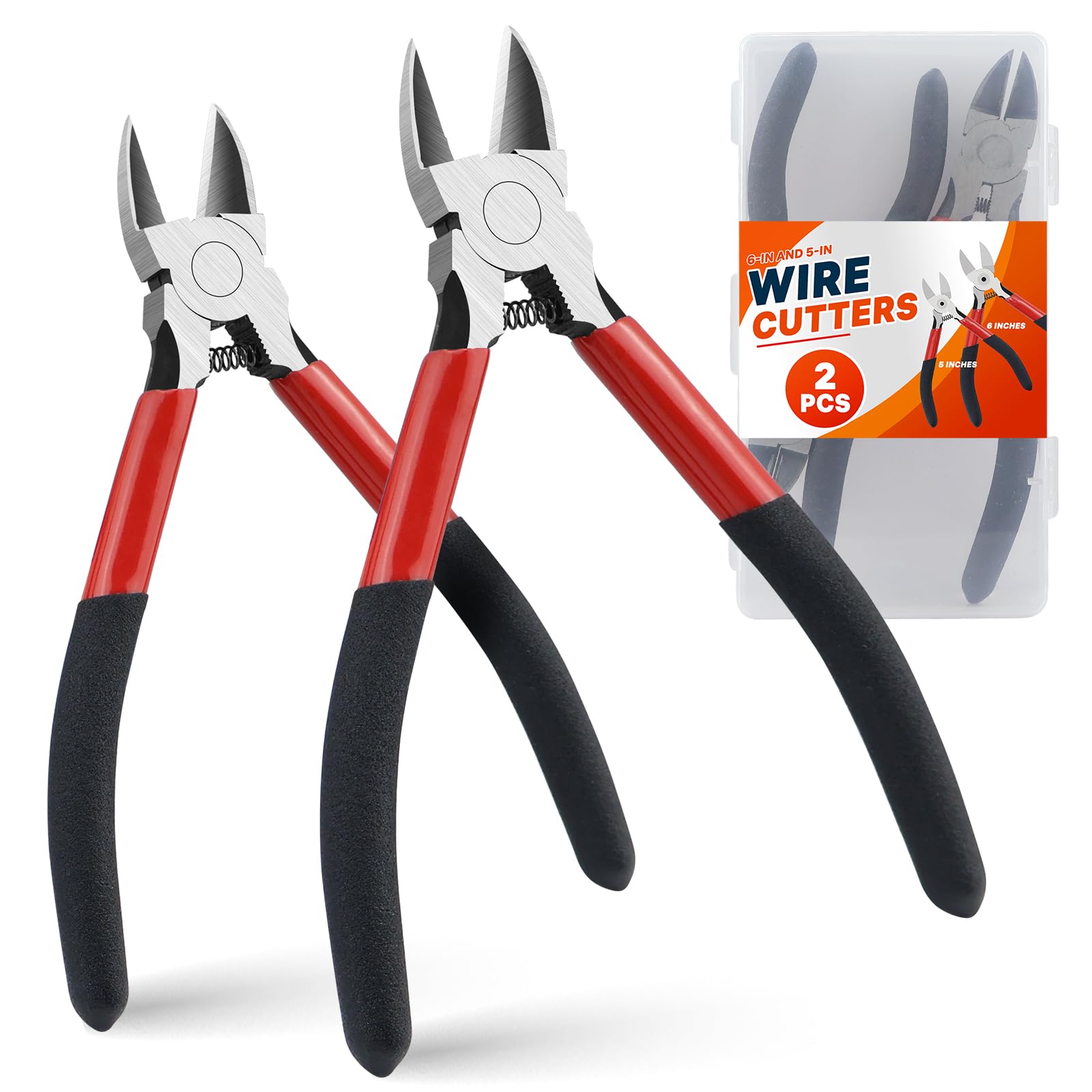 2PCS Heavy Duty Wire Cutters Set, 5 inch & 6 inch Electrical Diagonal Cutting Pliers, High Carbon Steel, Anti-Slip Handle, for Crafting, Jewelry Making, Electricians