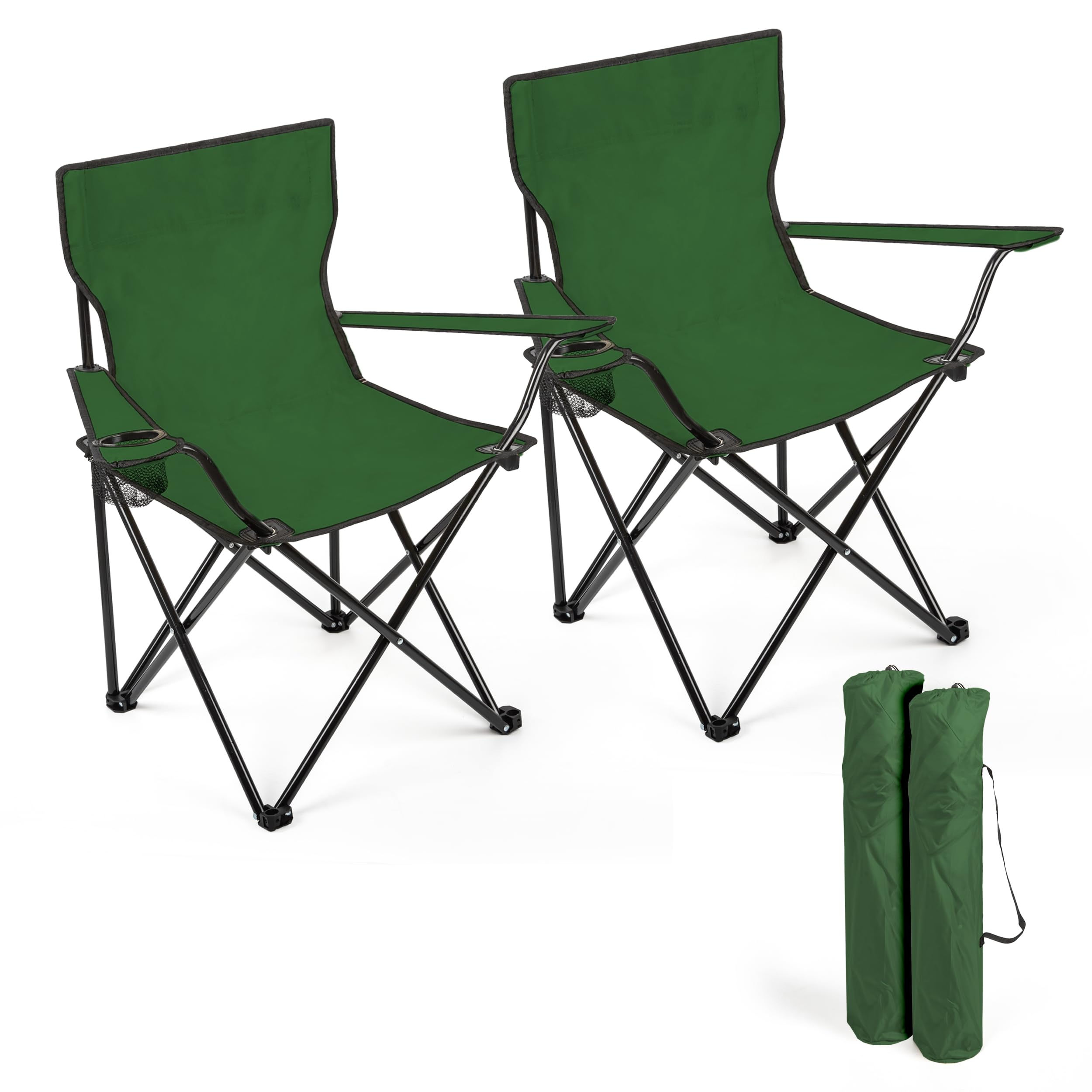 BESCH Set de 2 Sillas Plegable para Camping de Acero con Portavaso 45x45x80cm Carga Máxima 110Kg - Silla para Exterior, Picnic, Jardín y Pesca (Verde)
