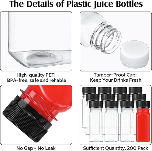 Miniatura 3 de 200 botellas pequeñas de plástico de 2 onzas para jugo, botella de jugo de jengibre con tapas, recipiente reutilizable transparente para bebidas con
