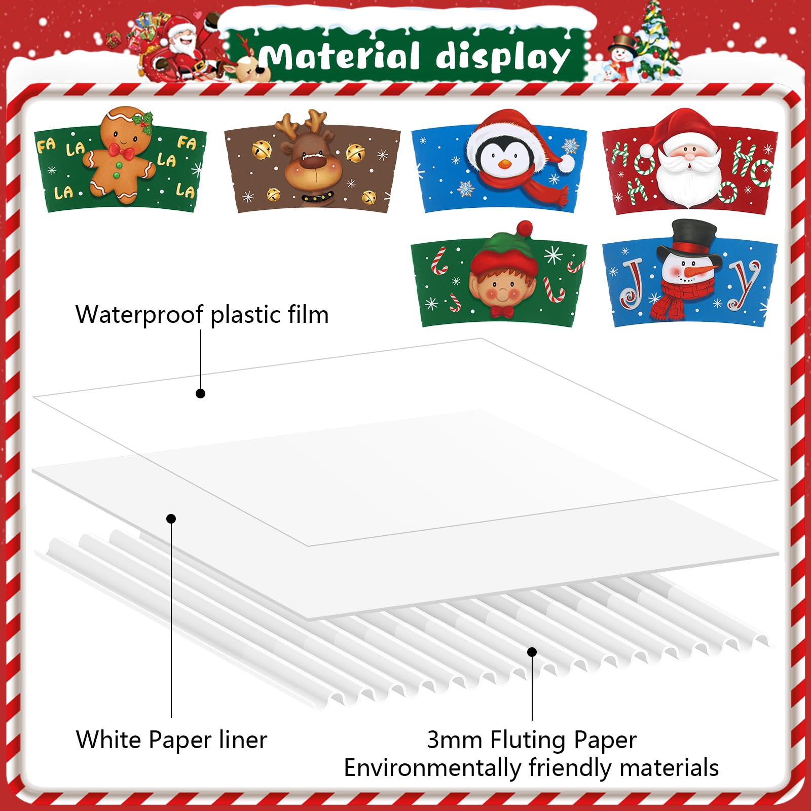 Faccito 48 Pièces Manchons de Tasse de Thé Café de Noël Manchons Jetables en Papier Ondulé pour Gobelet de 12 oz et 16 oz Manches de Tasse de Père Noël Bonhomme de Neige (Tasses Non Incluses)