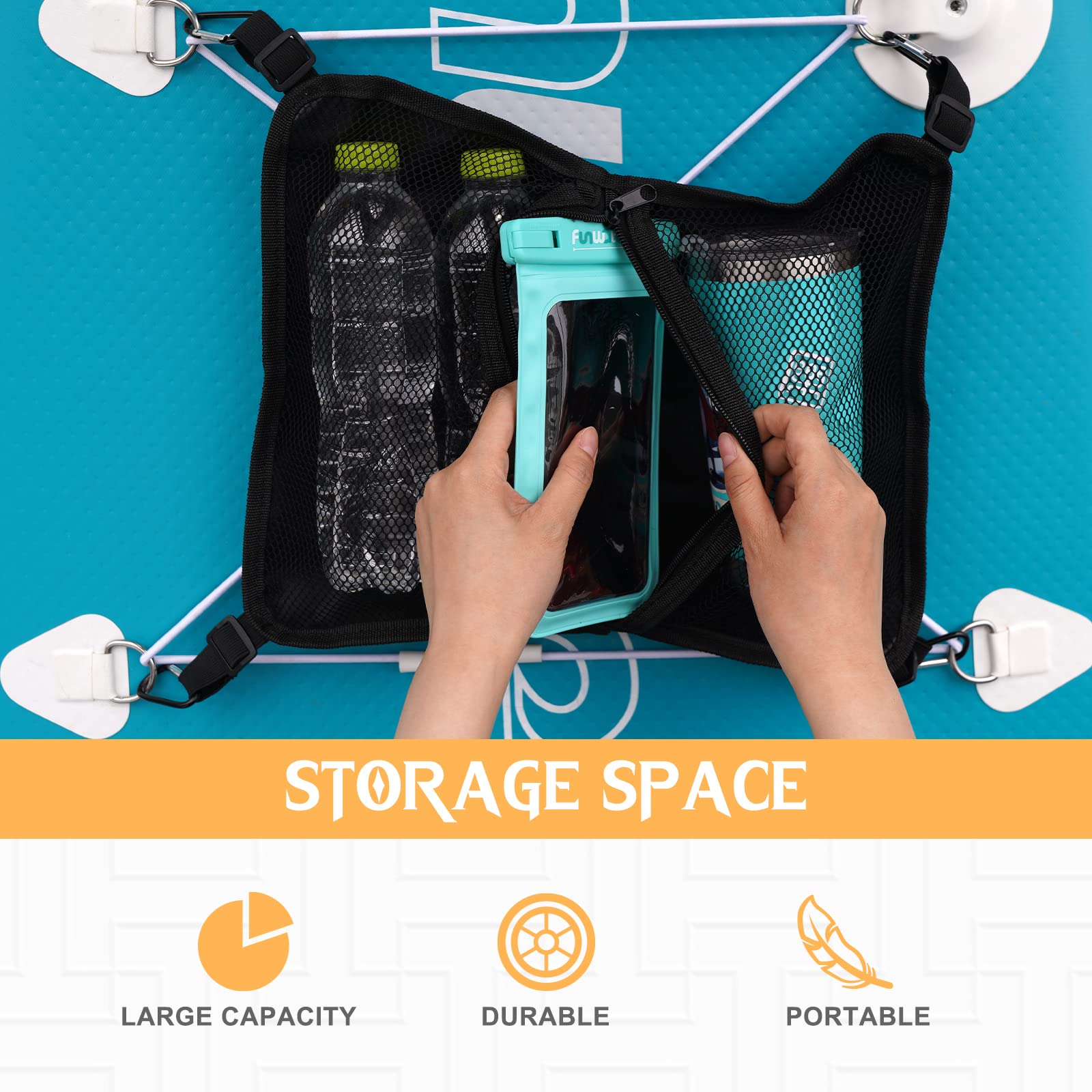 FunWater Paddle Board Deck Bag elastyczna struktura siatki, wysokiej jakości tkanina Oxford, dziergana torebka z zamkiem błyskawicznym, na deski surfingowe, deski wiosłowe, kajaki, rafting