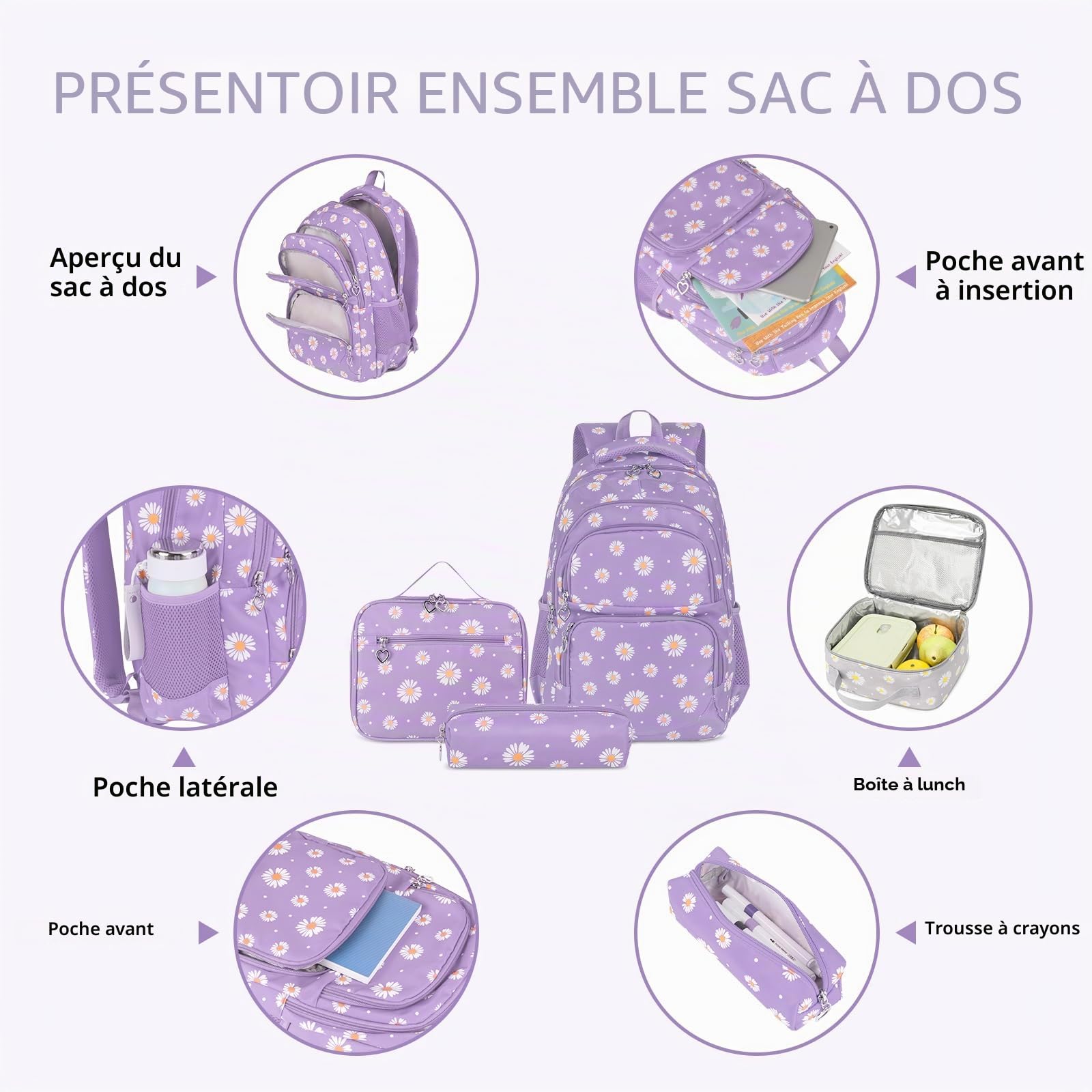 Ensemble de sac à dos d'école imprimé marguerite 3 pièces résistant à l'eau léger pour adolescents filles garçons