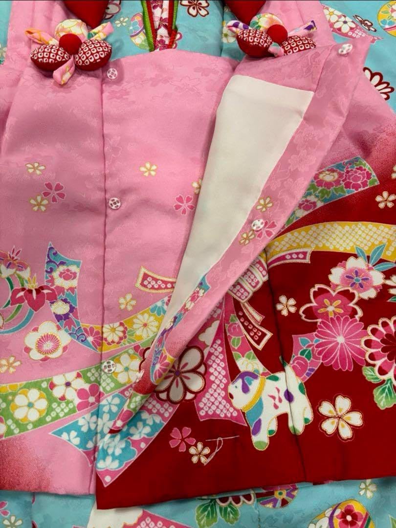 七五三 3歳女の子 はなひめ 水色着物 カラフル 桜 熨斗目 狛犬