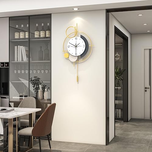 Miniatura 3 de FLEBLE Reloj de pared moderno con péndulo, silencioso y decorativo, funciona con pilas, reloj grande único dorado para sala de estar, cocina,