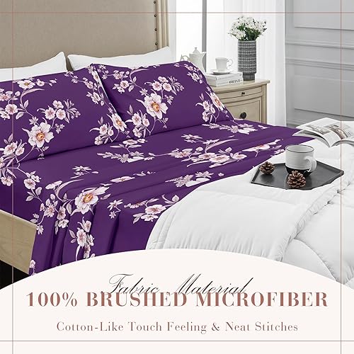 Miniatura 5 de YIYEA Sábanas de tamaño King  Estampado floral  Sábanas de microfibra cepillada de lujo  Sábanas ligeras y transpirables  Bolsillo profundo de 16