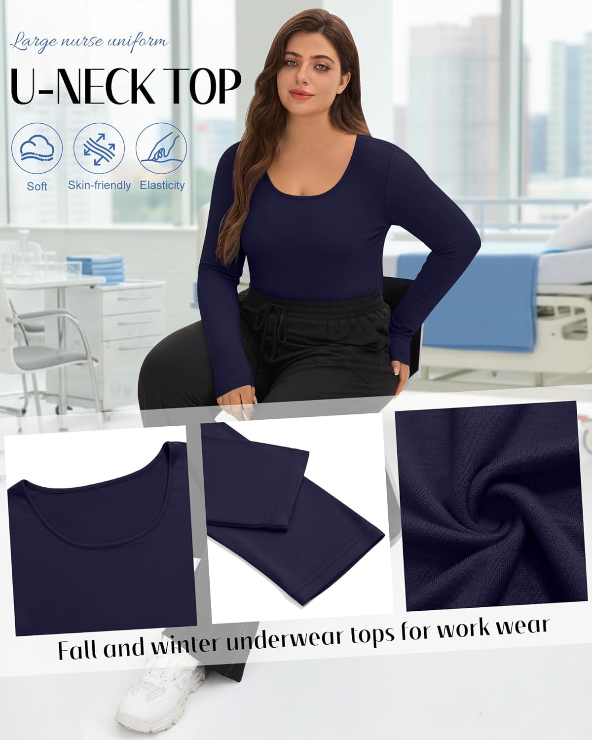 4 Pack Plus Size Underscrub Long Sleeve for Women, Cotton Blend Scoop Neck Undershirts, Nurse Fitted Basic Tops - Image 3