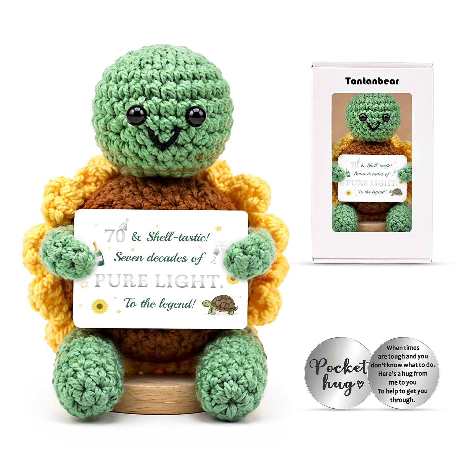 Positive Crochet Turtle 70th Birthday Gifts for Women Men, Sunflower Crochet Animals Emotional Support Plush, Handmade Desk Decor Keepsake Gift Box with Lucky Coin Card for Her Him Friend Grandparent