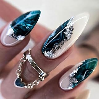 Medium Press on Nails Almond Acrylic Press on Nails Stick On Nails Medium Length Blue Fake Nails with Designs for Women and Girls