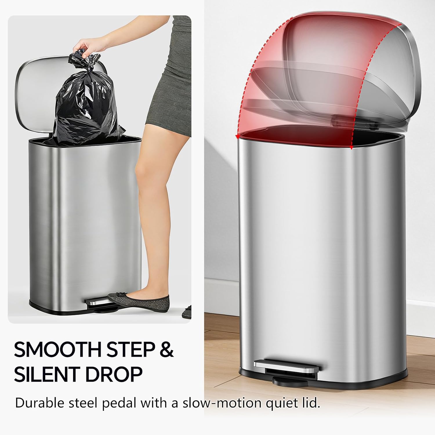 Xcity Stainless Steel Garbage Can Set, 13 Gallon Kitchen Trash Bin with 1.6 Gallon Mini Waste Can, Soft Close Lid and Foot Pedal for Office, Industrial, and Indoor Spaces