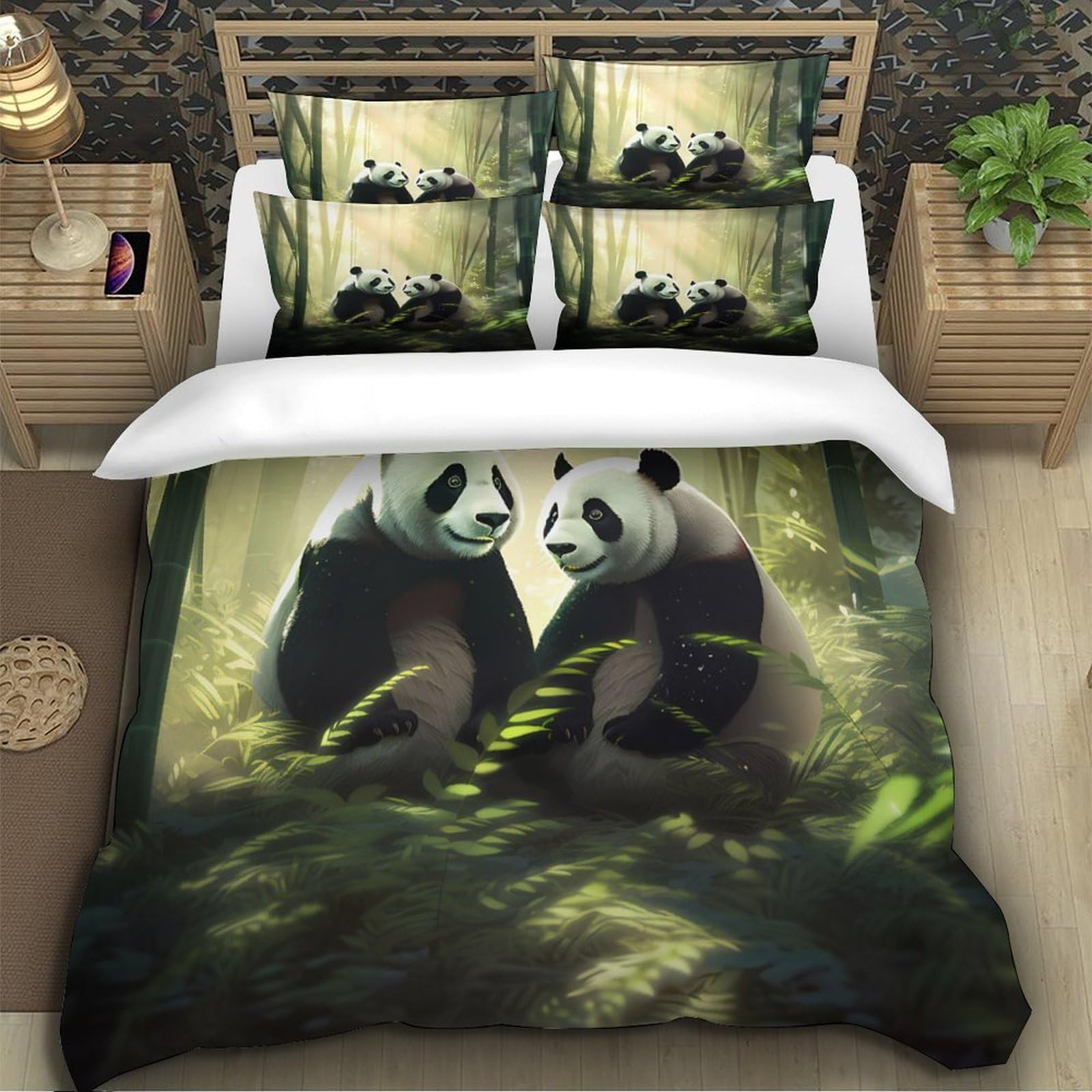 Panda-Pärchen 3D-Druck 3er-Set Steppbezug Waldszene-Kunst Bettdeckenbezug Mikrofaser Reißverschluss Atmungsaktiv für Jungen Kinder Frauen Super King（260x220cm）