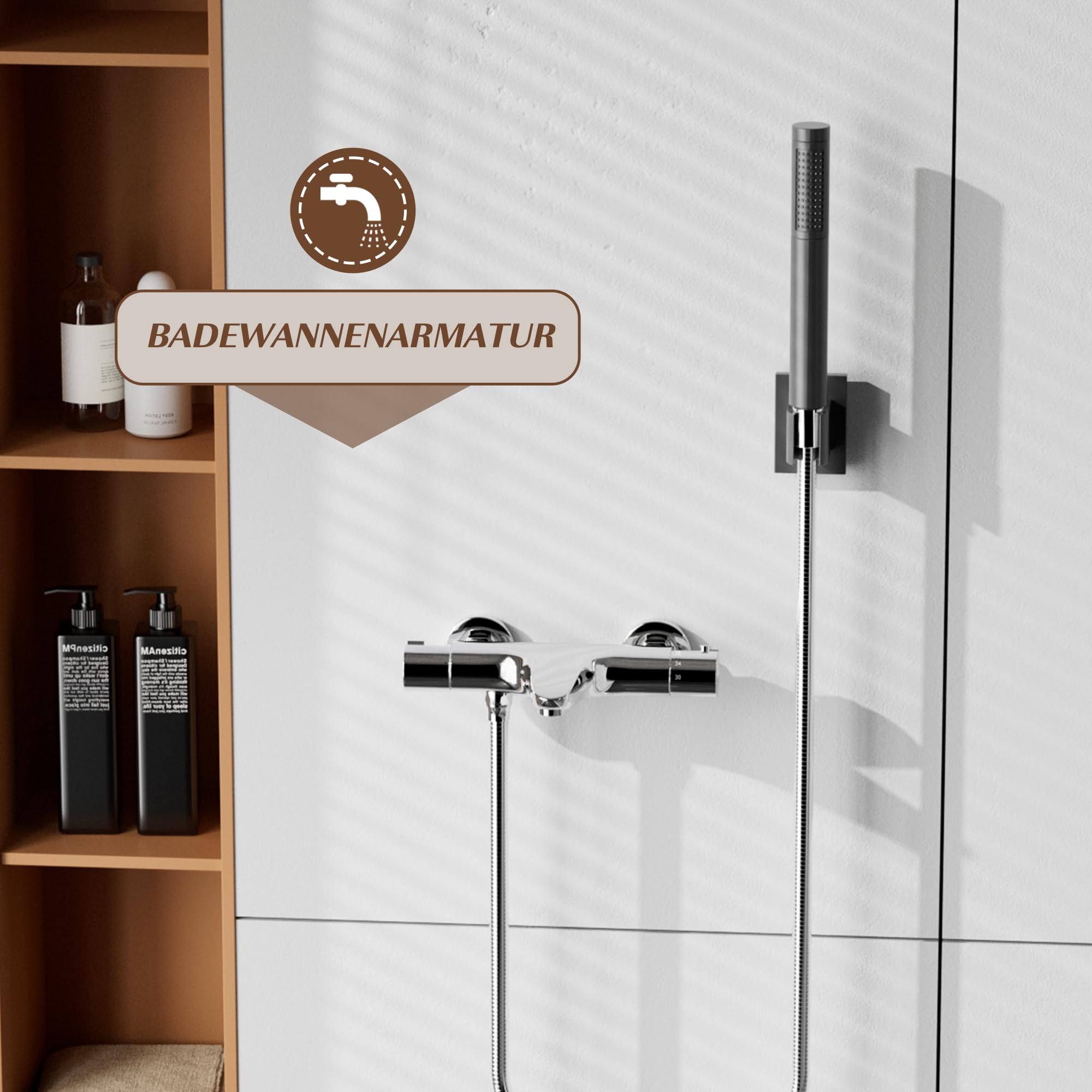 MORADO Thermostatischer Badewannenmischer, Wandmontage, Thermostat-Duscharmatur, Badewannenarmaturen mit 38 °C Sicherheitsschutz, Verbrühungsschutz, seitlicher Auslass, Badewannenauslauf, Chrom