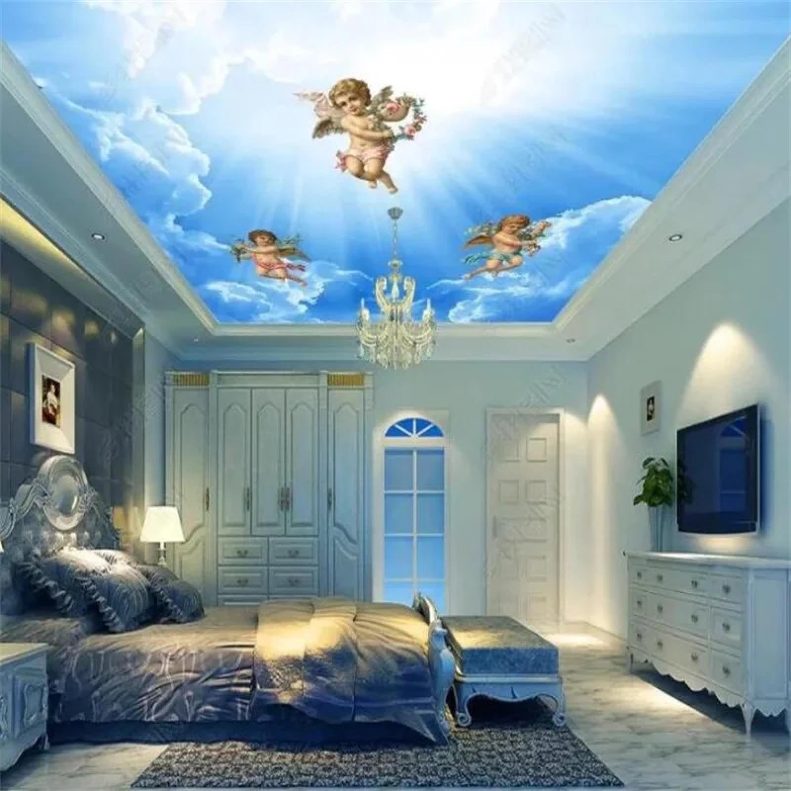 Samoprzylepny koc z PCW, tapeta 3D, niebieskie niebo, biała chmura, Sunshine Angel Mural do salonu, sypialni, dekoracyjna okładzina ścienna