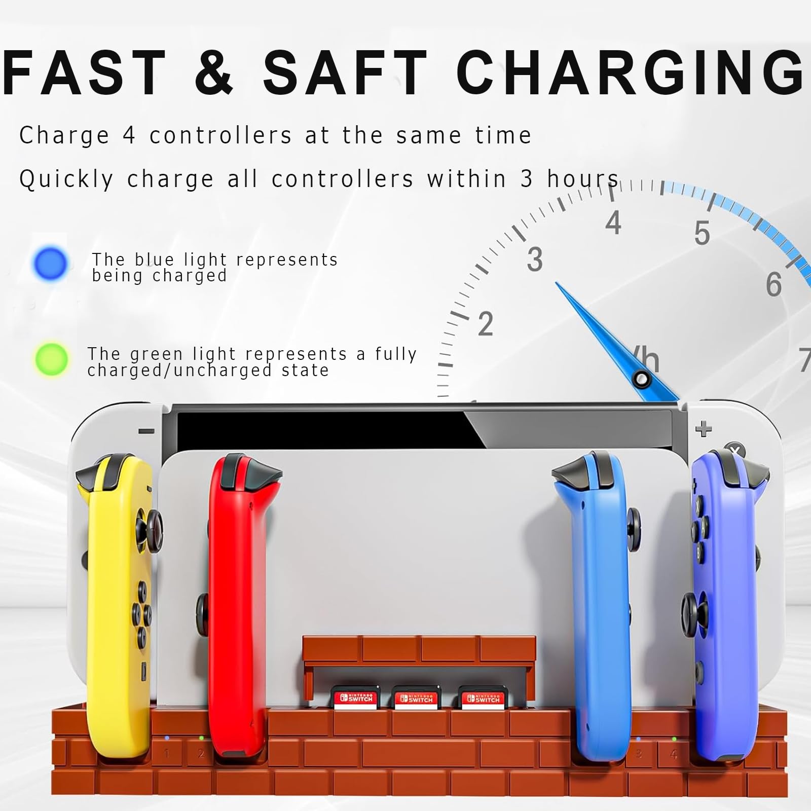 Chargeur pour Compatible avec Joy Con pour Switch/OLED Model avec Fente pour Carte de Jeu, 4 en 1 Support de Station de Charge pour Manettes avec LED Indicateur(Rouge Brique)