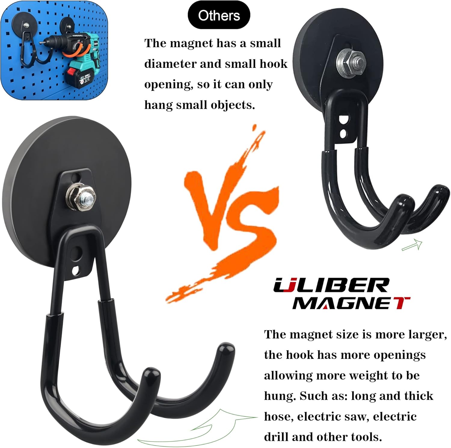 ULIBERMAGNET Strong Magnetic Hooks,2 Pack Heavy Duty Large Magnetic Hooks for Extension Cord, Cable, Hose, Power Cord,Rope,Drill,Jig Saw,Circular Saw,Garden Lawn Tools (Black/3.46inch)