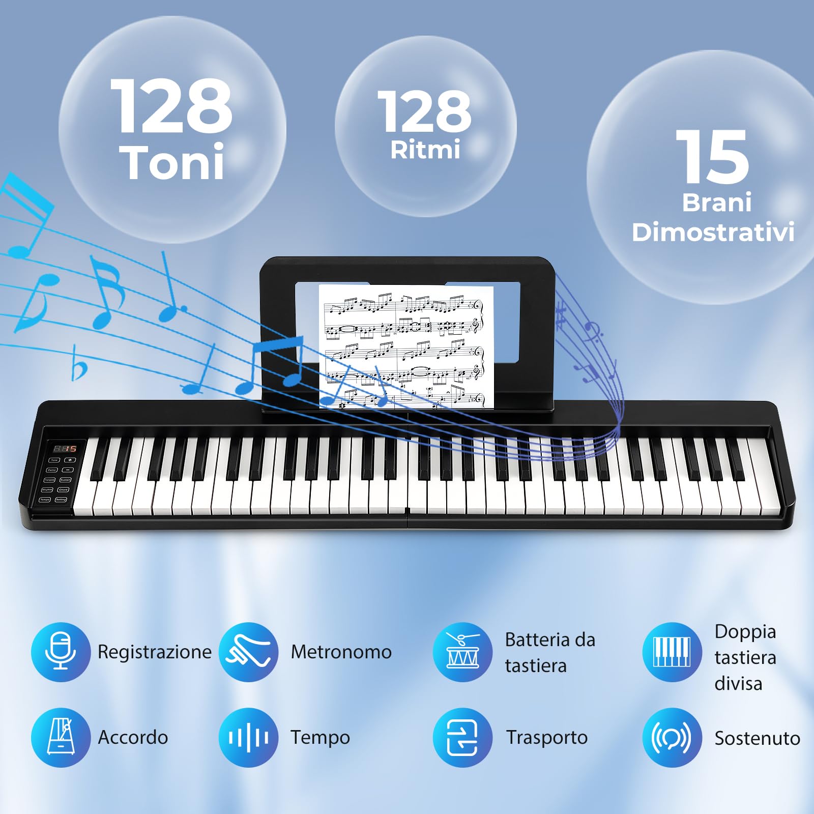 RELAX4LIFE Tastiera Pianoforte Digitale 61 Tasti, Pieghevole Portatile con Custodia, Bluetooth MIDI/Audio, Tasti Sensibili, Batteria 1750mAh, per Principianti Bambini Adulti