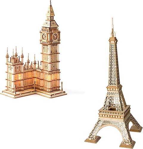ROBOTIME Rompecabezas 3D para adultos, kits de manualidades de madera, kit de modelo de construcción de bricolaje Big Ben TG507 y torre Effel TG501