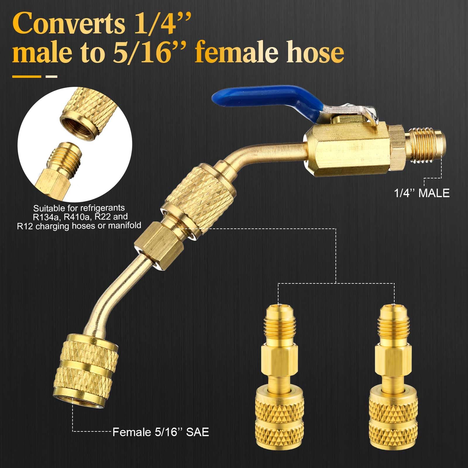 Mudder Lot de 7 robinets à boisseau sphérique compacts pour climatisation 6,35 mm pour adaptateur CVC R410A R134A R12 R22 femelle vers mâle 6,35 mm (robinet à boisseau sphérique 3 angles, 4