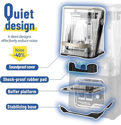 Miniatura 2 de CRANDDI Licuadora profesional para batidos, licuadora silenciosa comercial insonorizada de 2200 W con escudo insonorizado extraíble para triturar