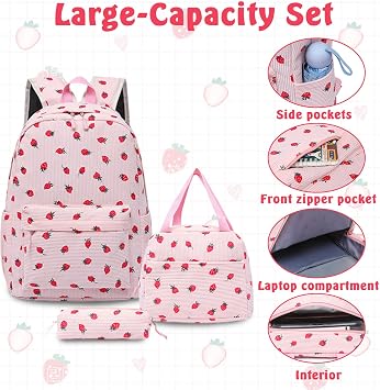 Strawberry School Backpack 3-Piece Set, Kawaii Bag with School Lunch Box & Pencil Case, Cute Backpack Sets for Girls, Pink Bookbag for Teens & Women