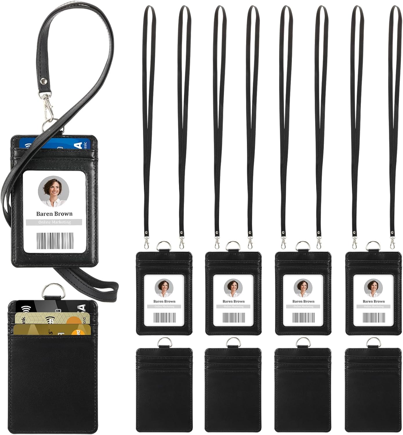 8 Pack Valentine's PU Leather ID Badge Holder, with 1 Clear Window, 5 Credit Card Slots and Lanyard Strap