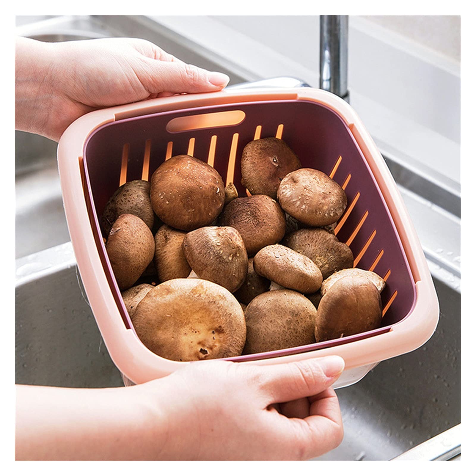 Colador de Cocina Tazón de canasta de drenaje con tapa Cuadrado Fruta Vegetal Cuenca Cesta de lavado Cocina Sellado Fresco Mantenimiento de almacenamiento Caja de almacenamiento Juego de Crisper Colad