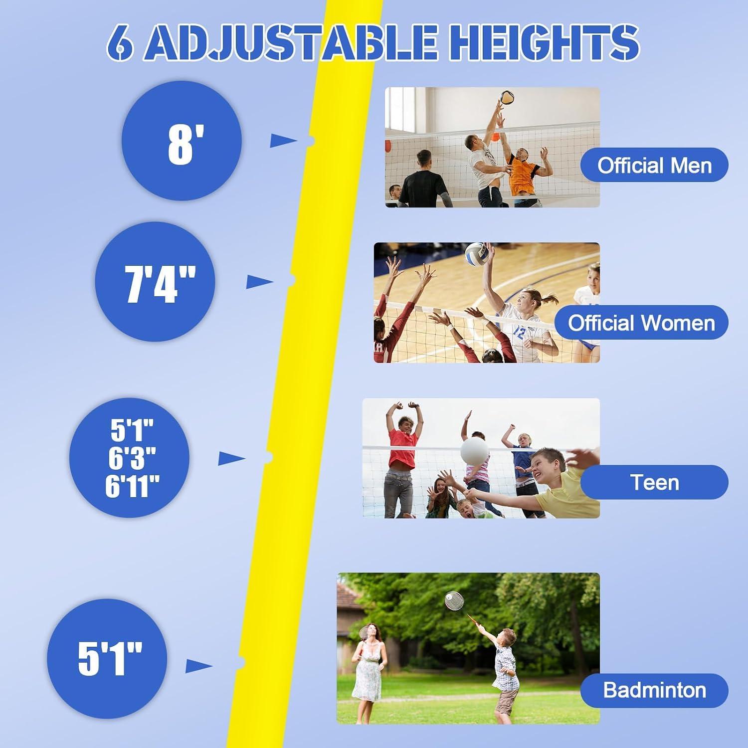Postes De Voleibol para Jardín, Red De Voleibol con Postes, Poste De Voleibol De 4 Alturas Ajustables con Red De Voleibol/bádminton para Interiores Y Exteriores.
