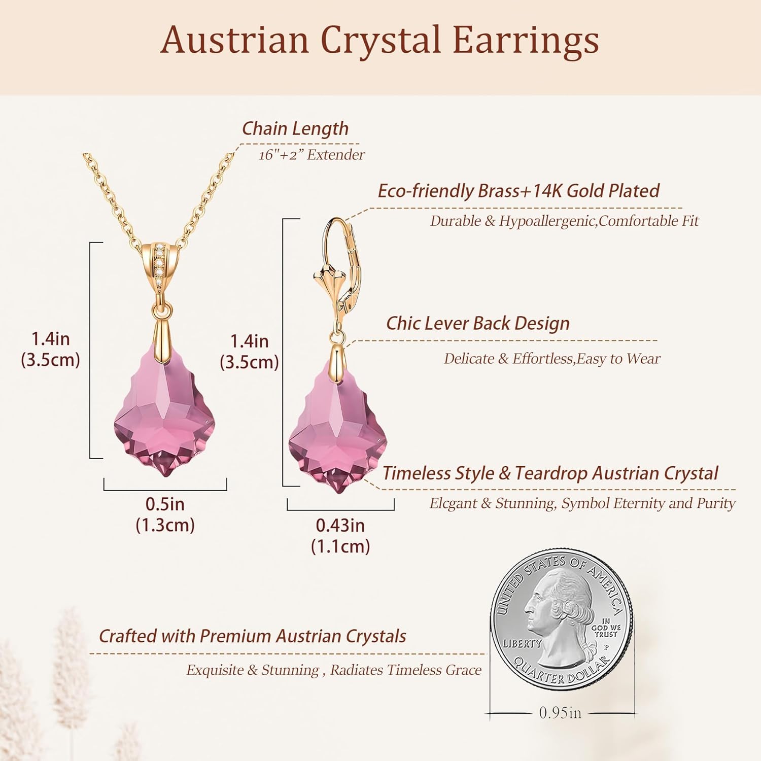 EVEVIC Austrian Crystals Baroque Pendant Necklace Earrings for Women 14K Gold Plated Hypoallergenic Leverback Drop Dangle Earrings Jewelry Set - Image 6