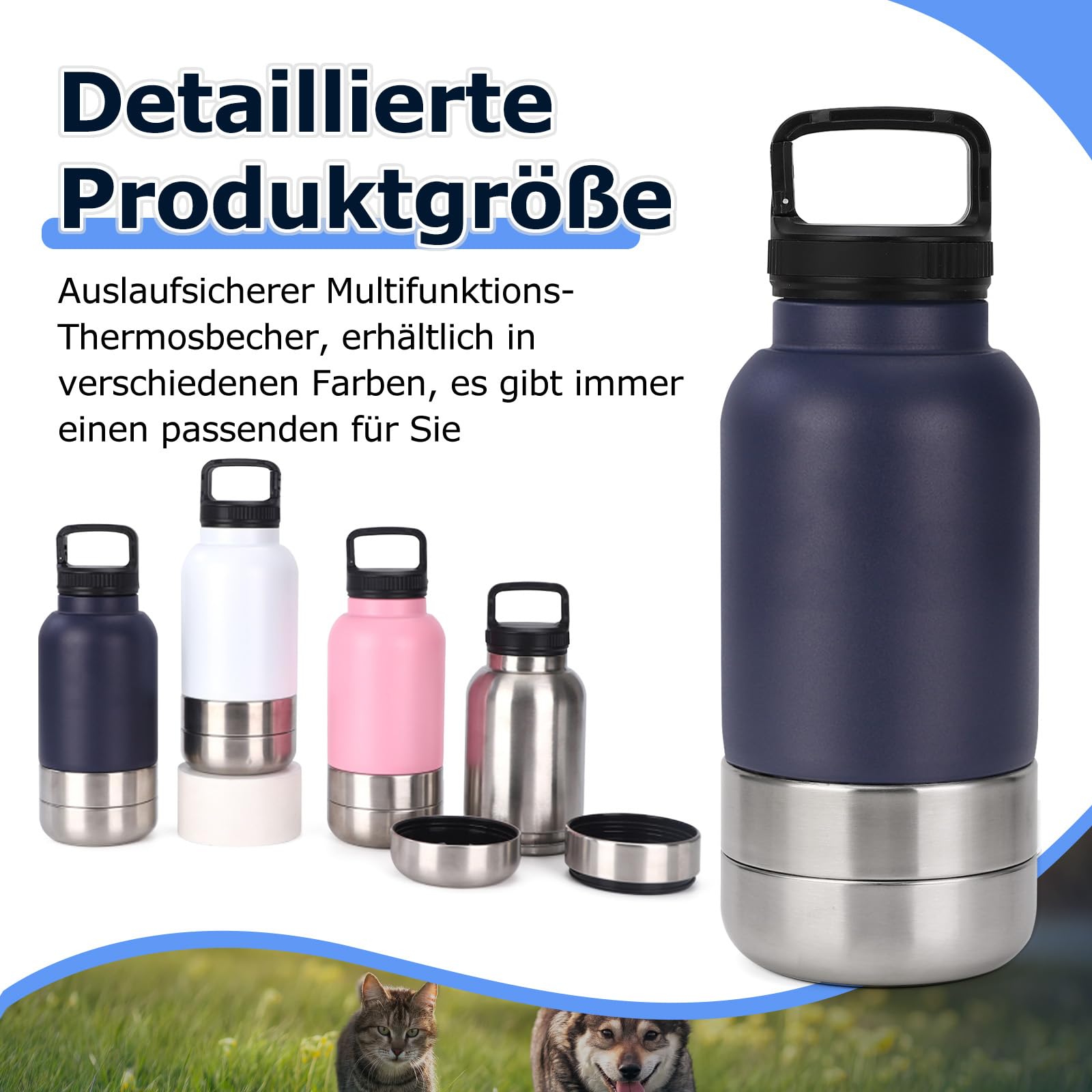 Bottiglia per Cani Isolata, Dispensatore 3in1 in Acciaio Inossidabile – Cierre Anti-Fuoriuscita, 2 Bevederi, Ideale per Viaggi (Nero,1000ml)