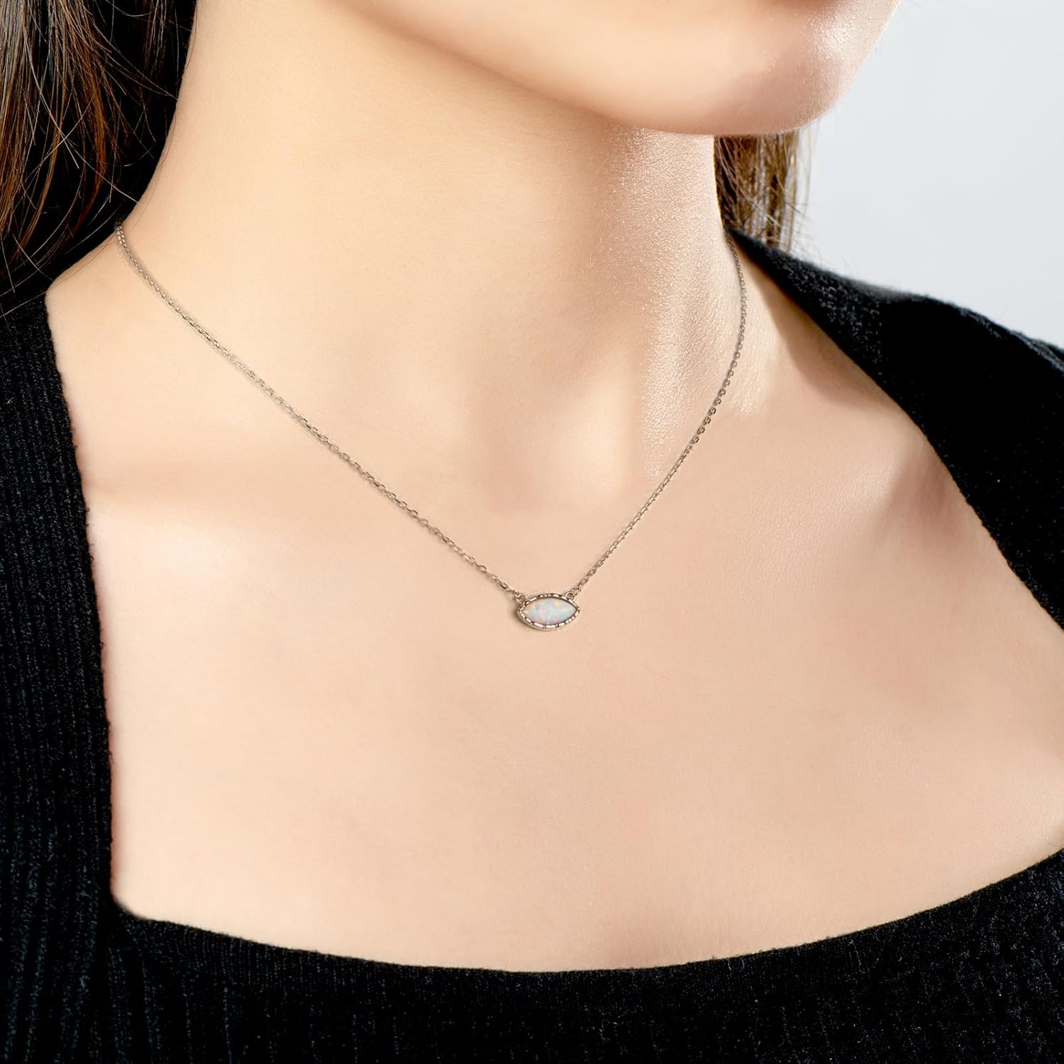 YUNKAI 925 Sterling Silver Opal Necklace for Women, Dainty Round Marquise Bezel Set Created Gemstone Pendant Necklaces, October Birthstone Opal Necklace Fine Jewelry Gifts for Her Mom Wife Daughter - Image 3