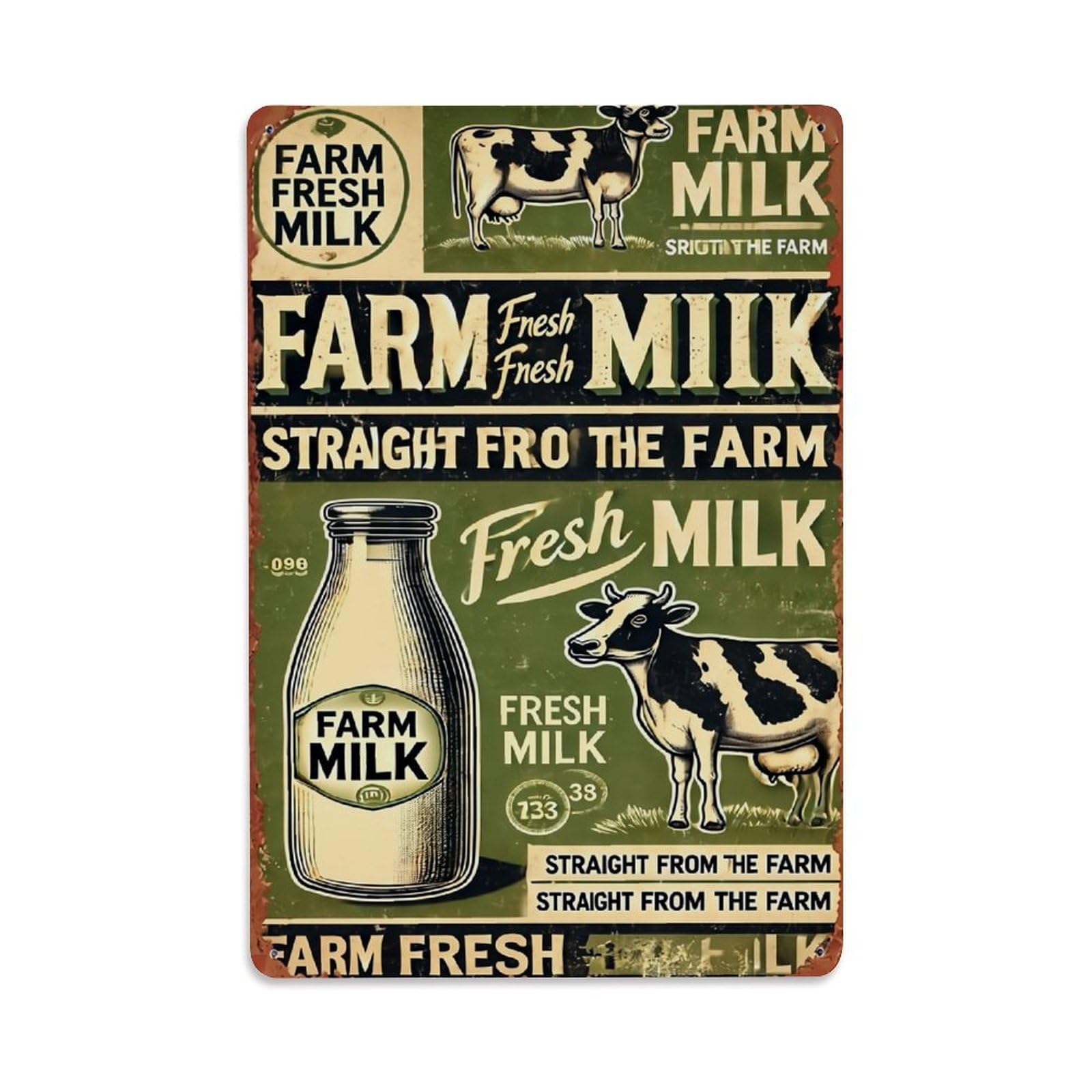 Farm Fresh Milk Cow Bottle Retro Metal Tin Sign, Vintage Decor Art Poster for Bar, Home, Man Cave, Kitchen, Laundry Room Gift 8x12Inch
