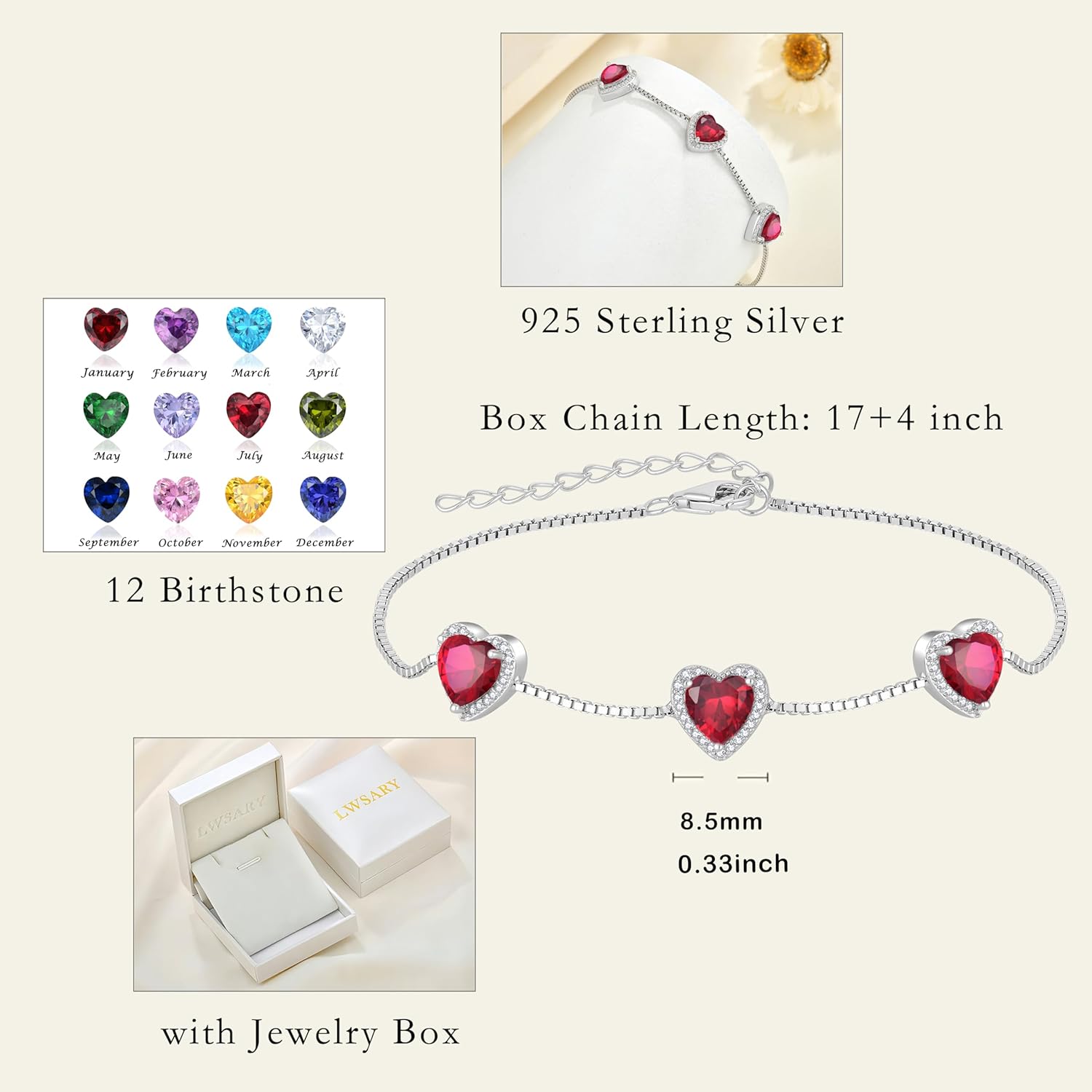 Love Heart Bracelet 925 Sterling Silver Halo Heart Birthstone Bracelet Jewelry Gifts for Women - Image 6