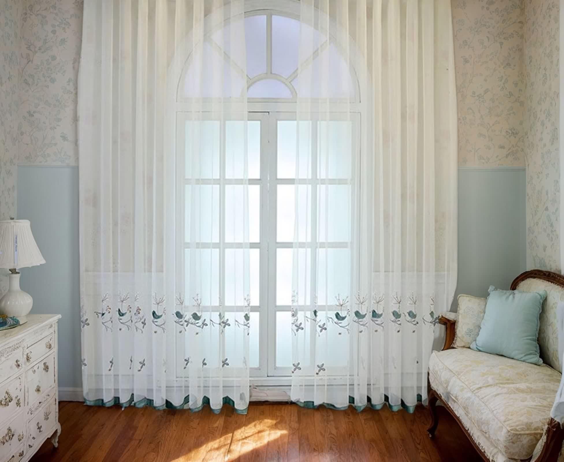 Rideau Voilage Polyester, Rideaux Chambre Lot de 2 Beige Blanc Motif D'Oiseau Brodé de Dentelle LxH 137x160cm
