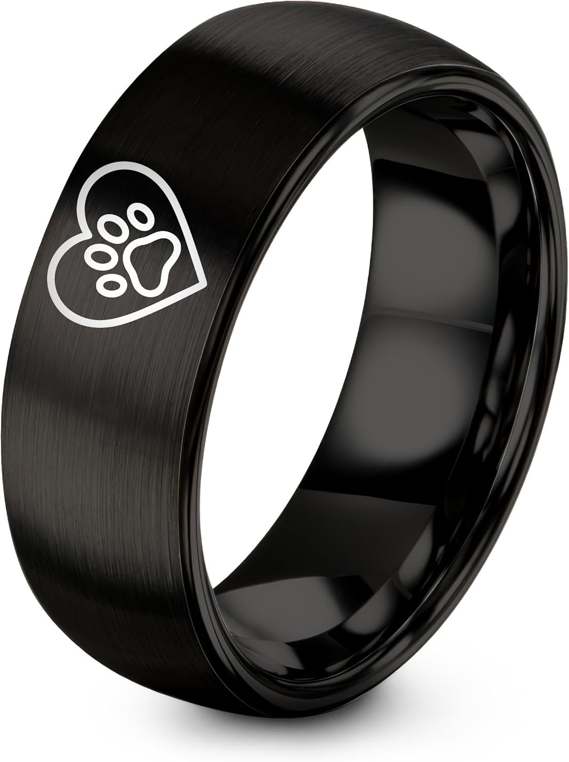 Paw Print Ring - Gift for Pet Lover - Anniversary Engagement Wedding - Personalized Custom Engraving - Gunmetal Black Silver - Band - 8mm - Tungsten Carbide - Flat Dome Bevel - Men Women