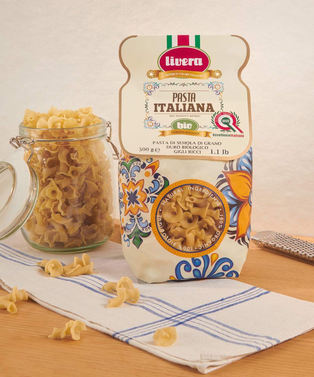 LIVERA - Gigli Ricci semola di grano duro, pasta trafilata al bronzo a lenta essiccazione, pasta italiana Biologica, lavorazione artigianale, pack da 10 x 500gr