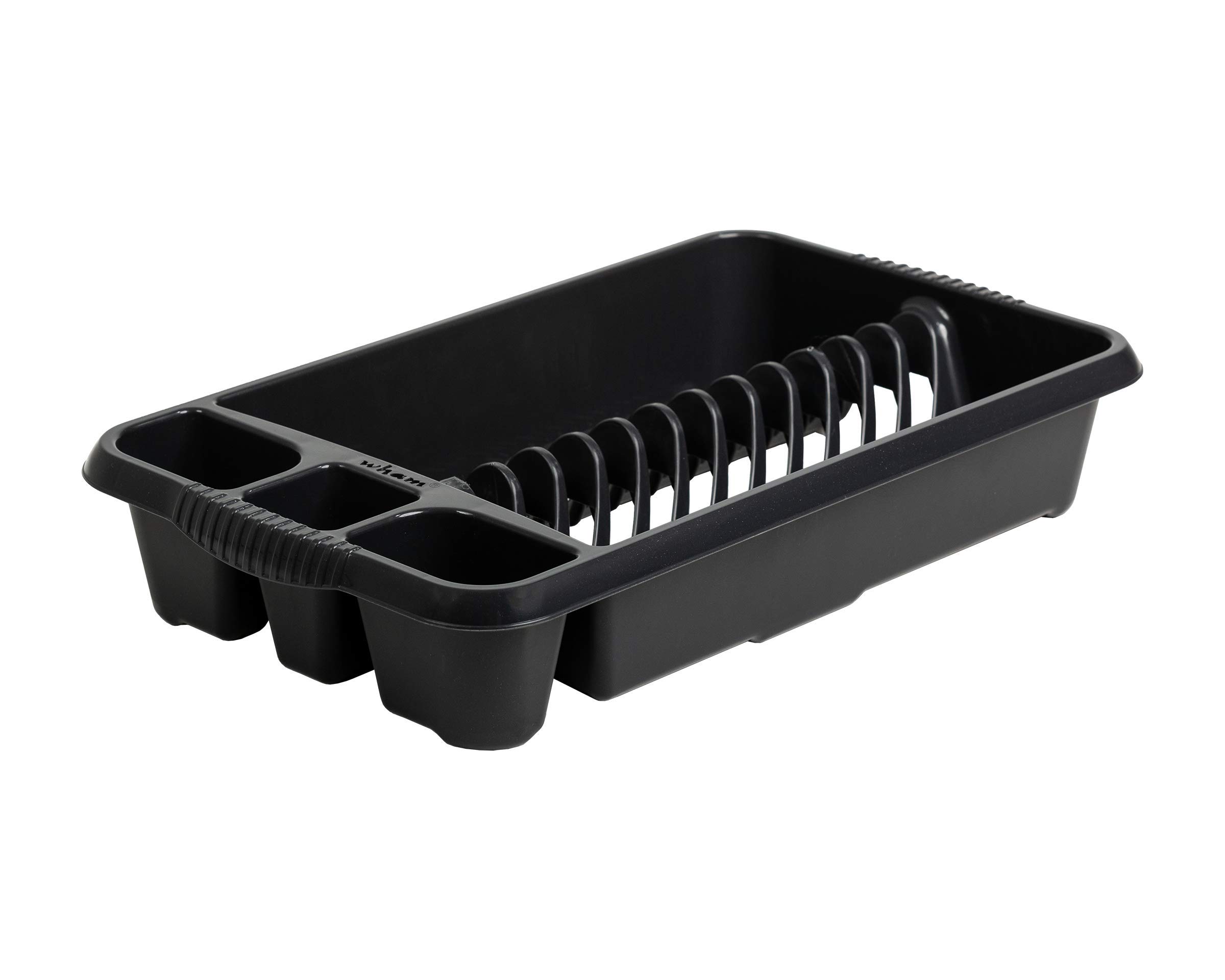 Medium Plastic Kitchen Plate Dish Drainer Rack Draining Board Cutlery Holder Storage Organiser 4 Compartment - 46cm x 28cm x 9cm - Made In UK (Midnight Greyish)