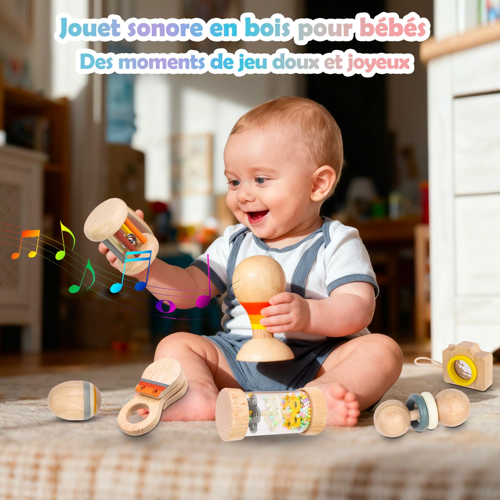 Jouets Bébé Montessori en Bois 7-en-1, Set Sensoriel en Bois Naturel pour Bébés de 0 à 12 Mois, Favorisant la Motricité, l’Éveil Musical et la Découverte Précoce, avec Sac de Rangement