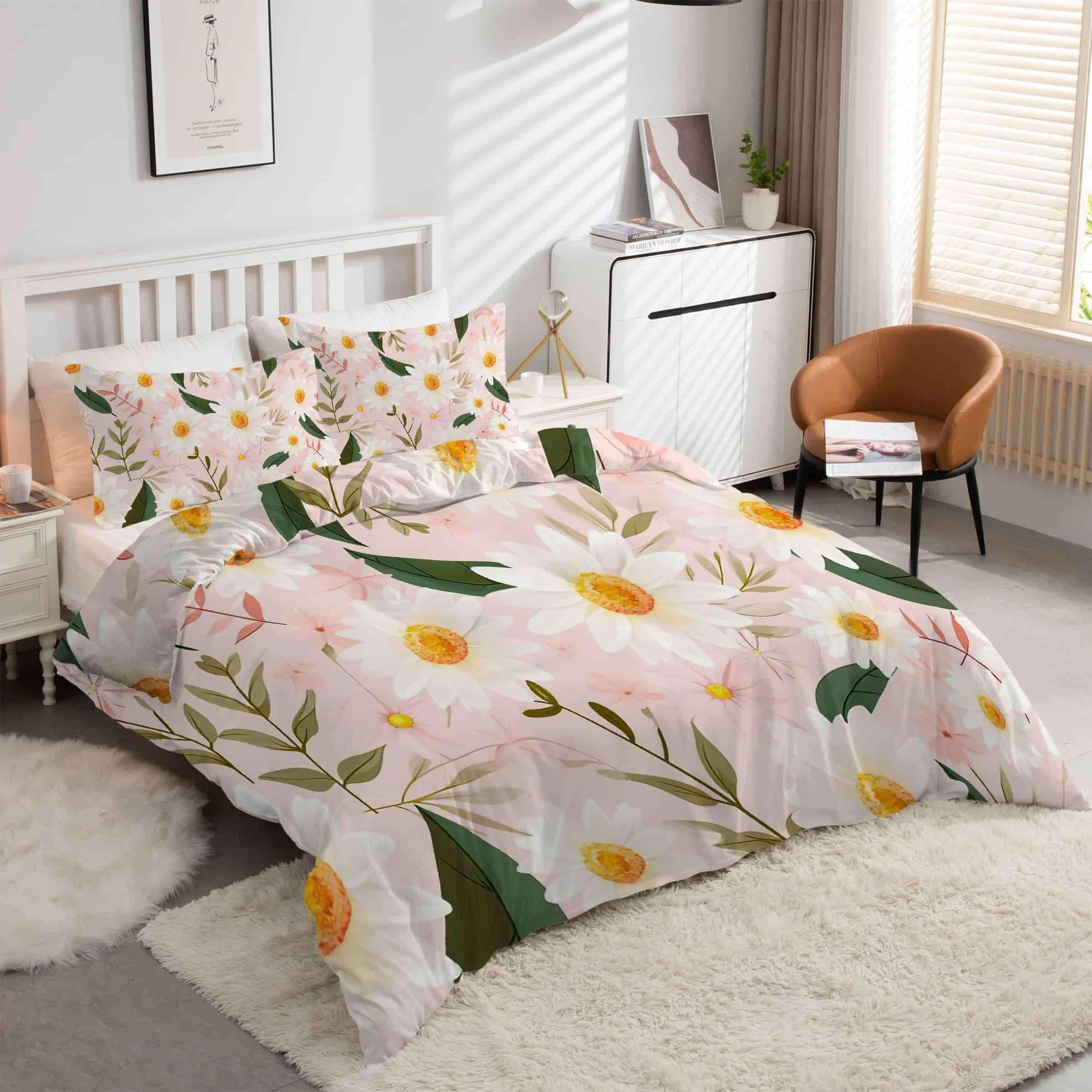 Housse de couette 90x190 MargueriteFleurs parure de lit 3 pièces microfibre douce