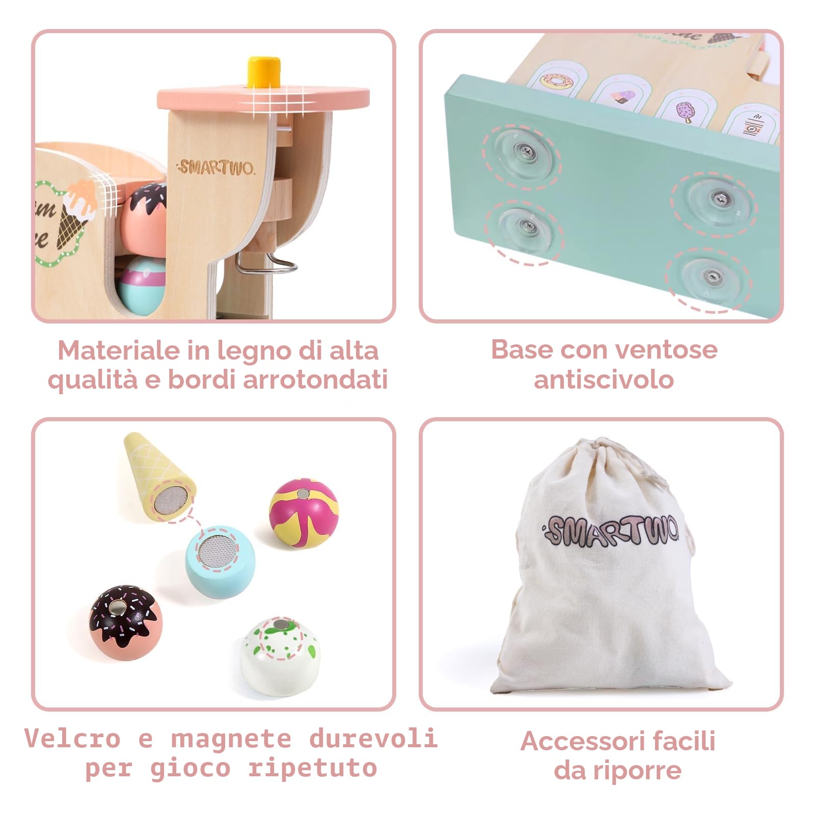 Gelatiera per Bambini in Legno, Giochi Gelato Bambina, Macchina Gelato Bambini, Cucina Giocattolo per Bambini, Accessori Cucina Legno, Regalo per Bambina 3 4 5 6 Anni