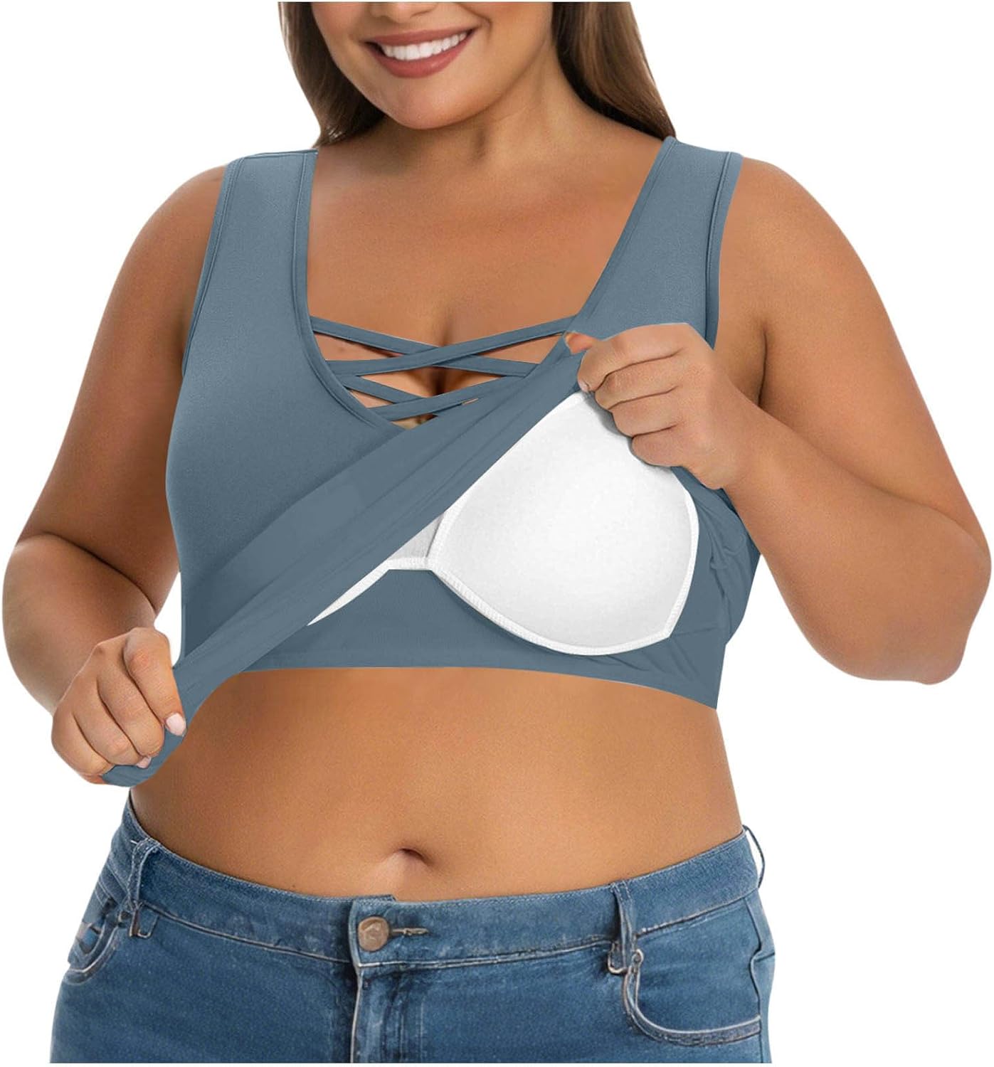 Women's Plus Size Tank Top with Built in Bra Camisole Tops with Shelf Bra Criss Cross V Neck Sleeveless Undershirts