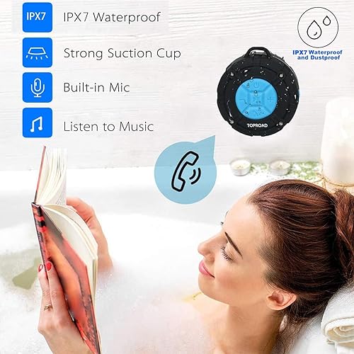 Miniatura 4 de TOPROAD - Altavoz Bluetooth impermeable, altavoces de ducha IPX7, pequeño altavoz portátil con clip y 2 ventosas, micrófono integrado, altavoz manos