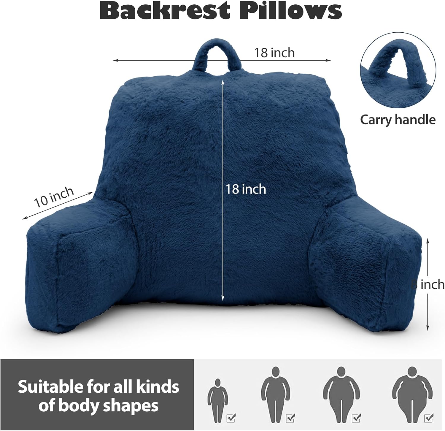 reading pillow large bed pillow,backrest pillow with arms, back support pillow for sitting up in bed, couch for adults lounging bedrest,blue blue large